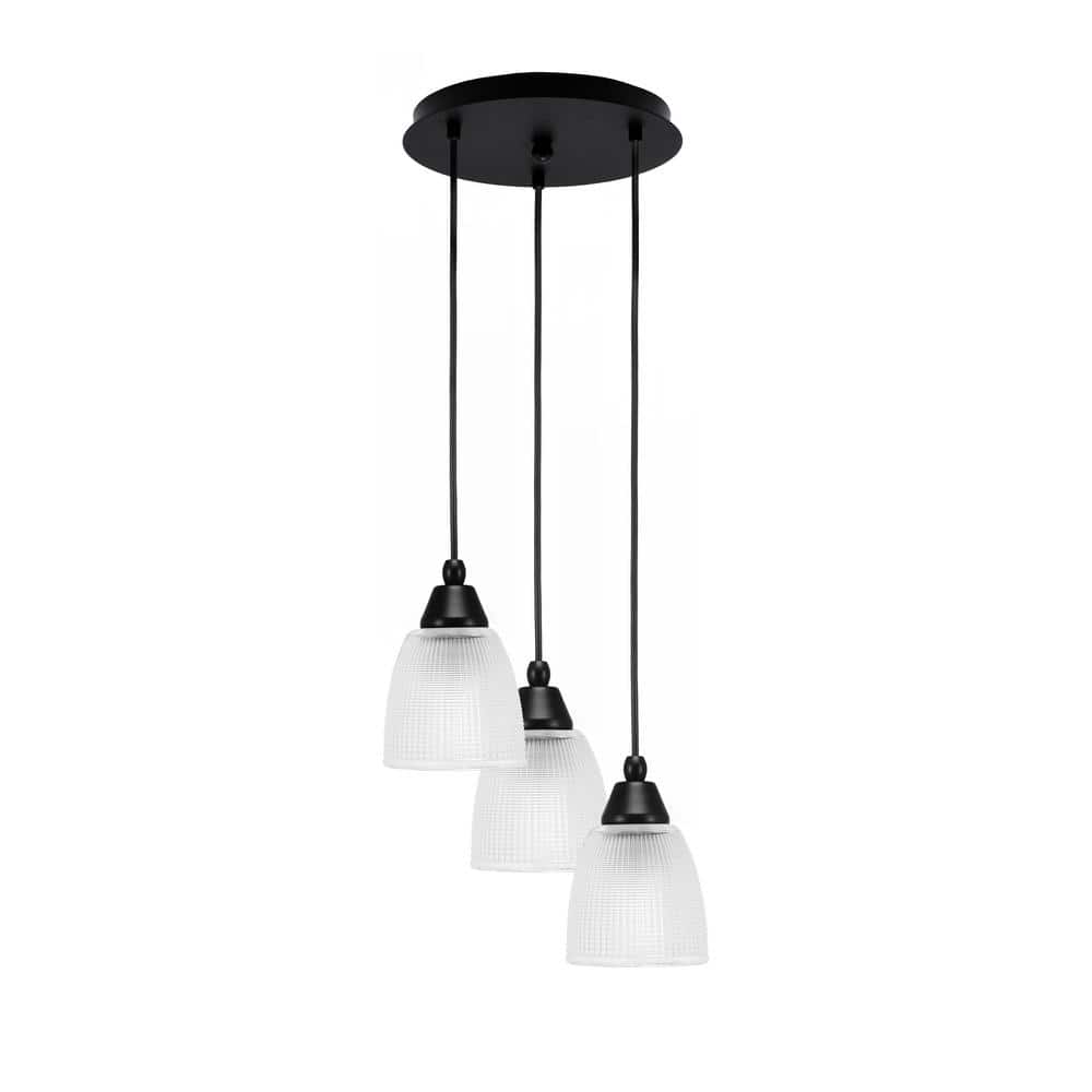 Savannah 8.5 in. 3-Light Matte Black Cord Pendant Light Clear Ribbed Glass 