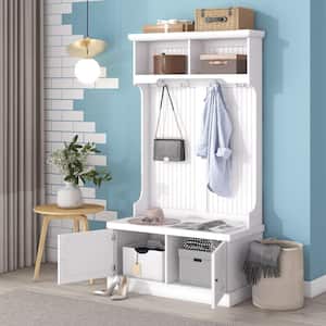 4-in-1 Design White Hall Tree with 2 Open Shelves, 4 Hooks, Storage Cabinet