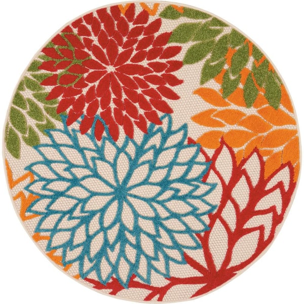 Aloha Green 4 ft. x 4 ft. Round Floral Modern Indoor/Outdoor Patio Area Rug