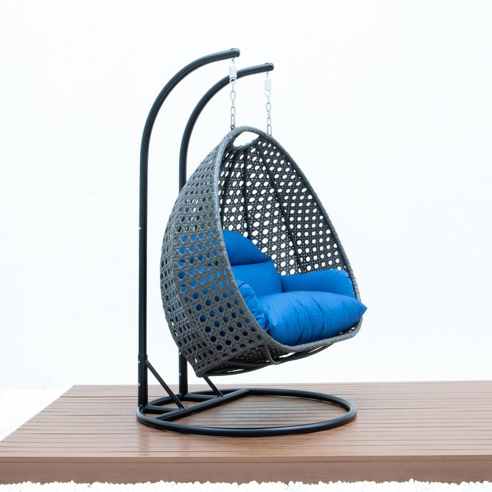 Charcoal Wicker Hanging Egg Chair with Blue Cushions