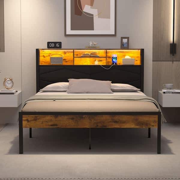 LED Bed Frame Brown Metal Frame Queen Platform Bed with Charging Station, Storage Headboard, USB Outlets, Upholstered