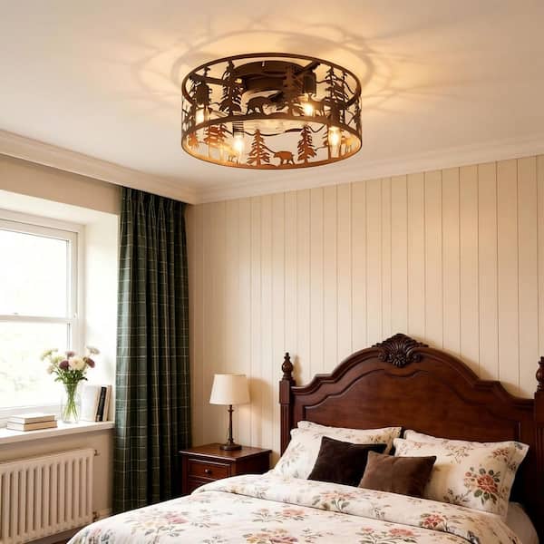 17.7 in. 4-Light Bronze Rustic Forest Flush Mount Ceiling Fan with Light, Metal Low Profile Fandelier Fan with Remote