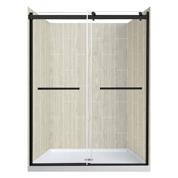 CRAFT + MAIN Lagoon DBL Roller 48 in. L x 34 in. W x 78 in. H Center Drain Alcove Shower Stall Kit, Driftwood & Matte Black Hardware