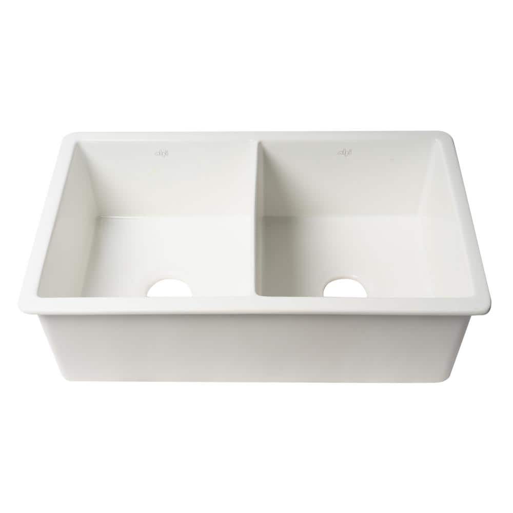 White 32" Double Bowl Fireclay Farmhouse Drop-In Sink