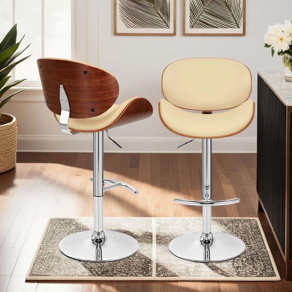 Contemporary Cream Leather Swivel Bar Stool with Chrome Finish