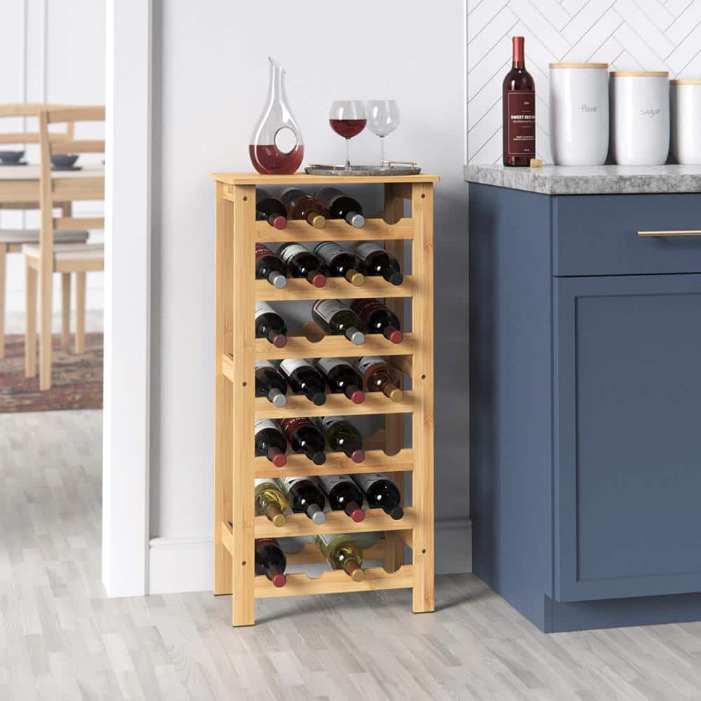 Natural Bamboo 28-Bottle Wine Rack with Top Shelf