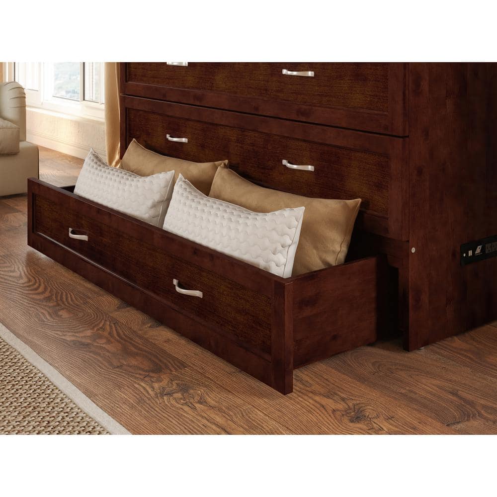 Walnut Full Murphy Bed Chest with Storage Drawer
