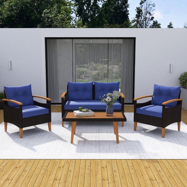 Boosicavelly 4-Piece Garden PE Rattan Outdoor Patio Conversation Set with Blue Cushions and Wood Table Legs