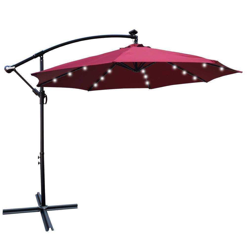10 ft. Red Steel Solar Powered LED Cantilever Patio Umbrella with Crank and