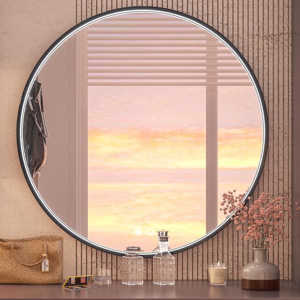 KeonJinn 32 in. W x 32 in. H Large Round Framed Metal Modern Wall Mounted Bathroom Vanity Mirror in Black