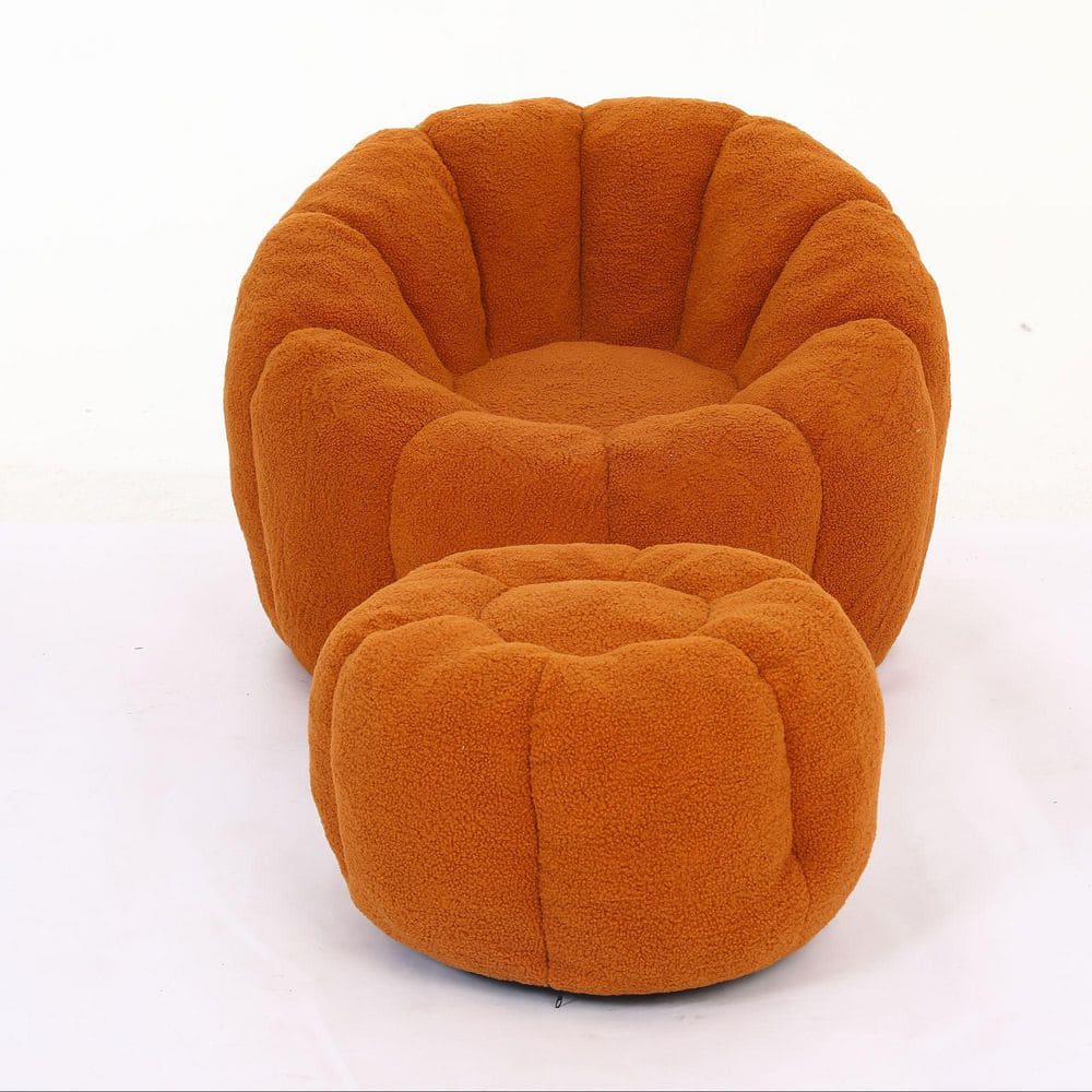 Orange Yellow Faux Fur Teddy Bean Bag Chair with Pumpkin Ottoman and Armrests, No Assembly Required