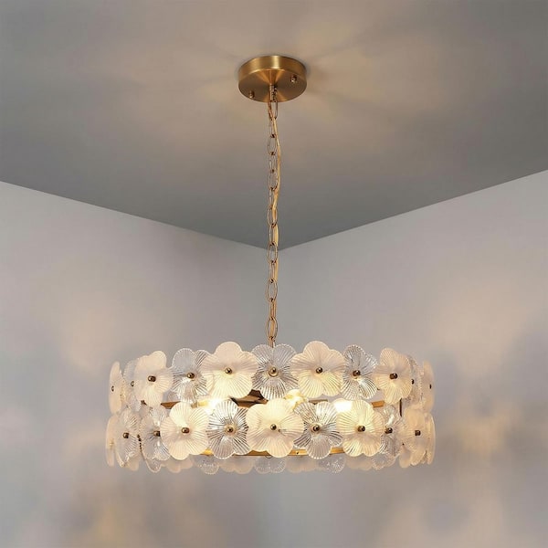 YANSUN 20 in. 6-Light Gold Modern Flower Glass Chandelier, Elegant