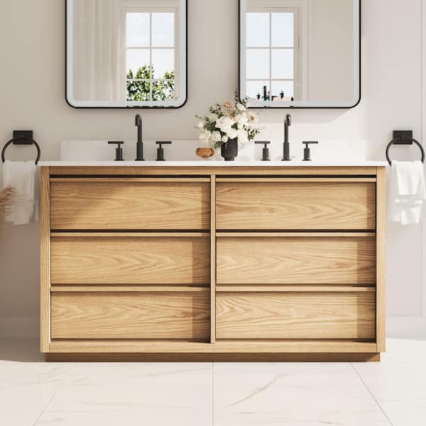 Oakland 60 in. Fully Assembled Freestanding Oak Solid Wood Bath Vanity with White Quartz Top, Soft-Close, Backsplash