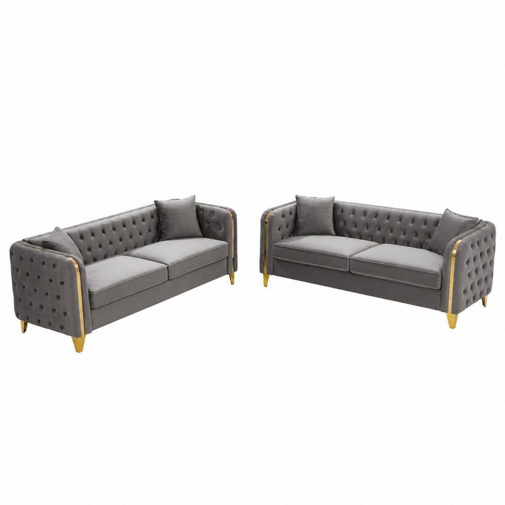 Chesterfield Button-Tufted 2-Piece Grey Velvet Living Room Set with Curved Rolled Arms and Gold Legs price history on PriceWatchPro