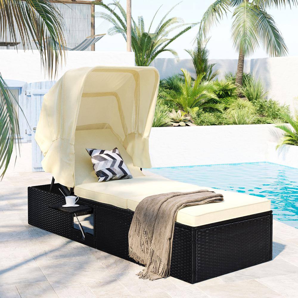 Wicker Long Reclining Single Outdoor Chaise Lounge with Beige Cushions, Can