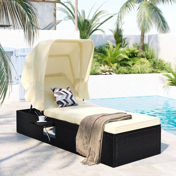 Afoxsos 76.8 in. Black Wicker Long Reclining Single Outdoor Chaise Lounge with Beige Cushions, Canopy and Cup Table