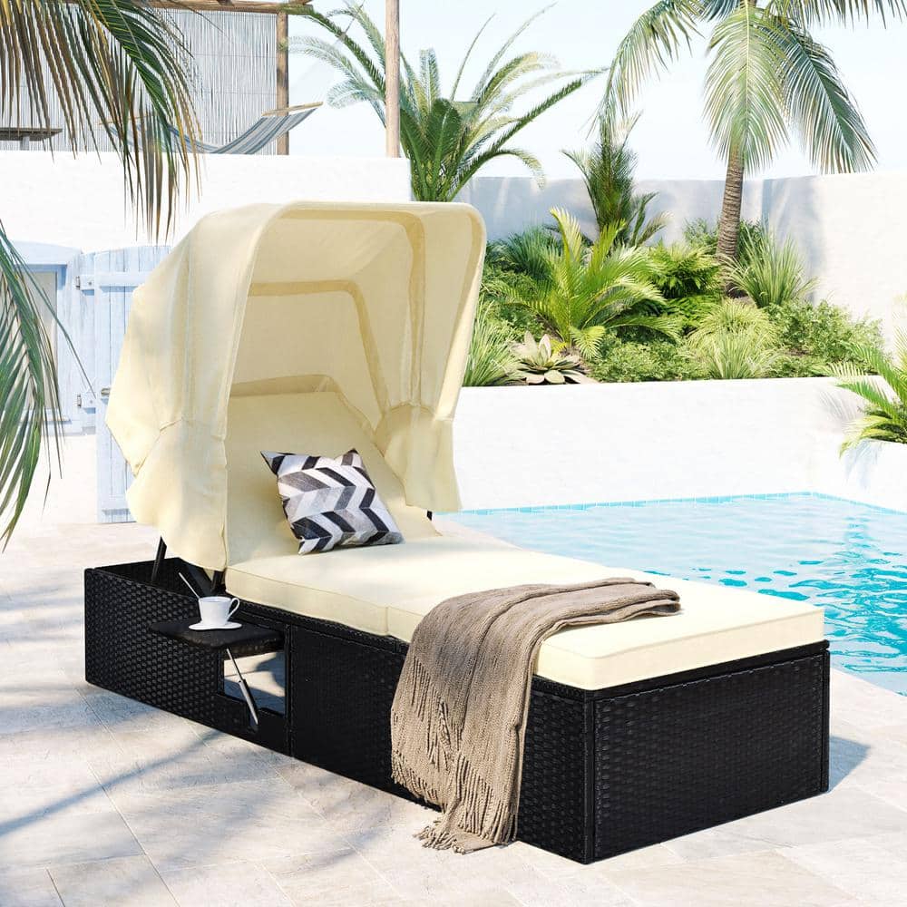 Black Wicker Outdoor Patio Chaise Lounge with Beige Cushion
