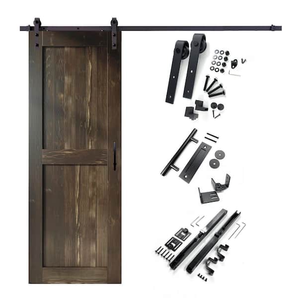 HOMACER 42 in. x 96 in. H-Frame Ebony Solid Pine Wood Interior Sliding Barn Door with Hardware Kit, Non-Bypass