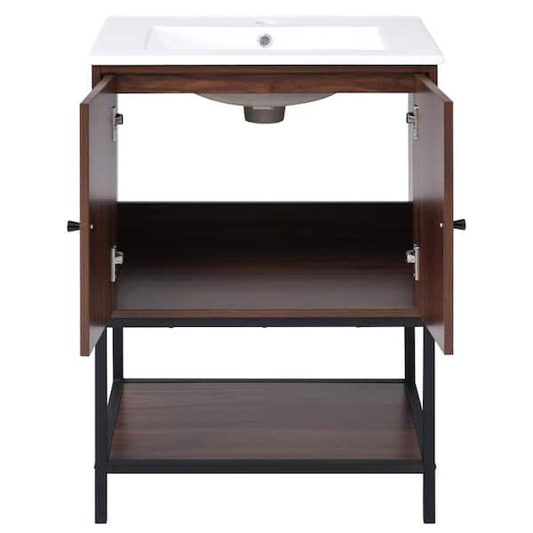 24 in. W x 18 in. D x 34 in. H Single Sink Bath Vanity in Walnut with White Ceramic Top
