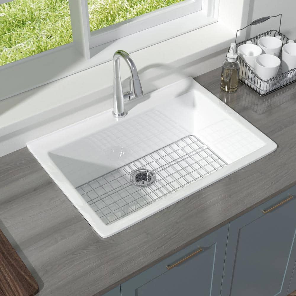 30'' Glossy White Fireclay Drop-In Single Bowl Kitchen Sink