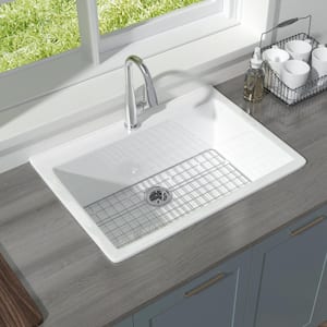 Kitchen Sink 30 in. Drop in Topmount Single Bowl White Fireclay Kitchen Sink 1-Faucet Hole with Bottom Grid and Strainer