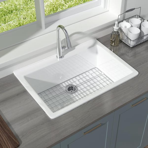HOMLYLINK Kitchen Sink 30 in. Drop in Topmount Single Bowl White Fireclay Kitchen Sink 1-Faucet Hole with Bottom Grid and Strainer