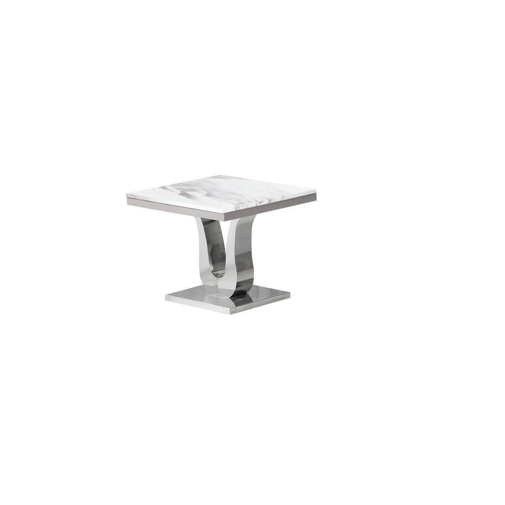 White Marble and Silver Stainless Steel 3pc Coffee Table Set