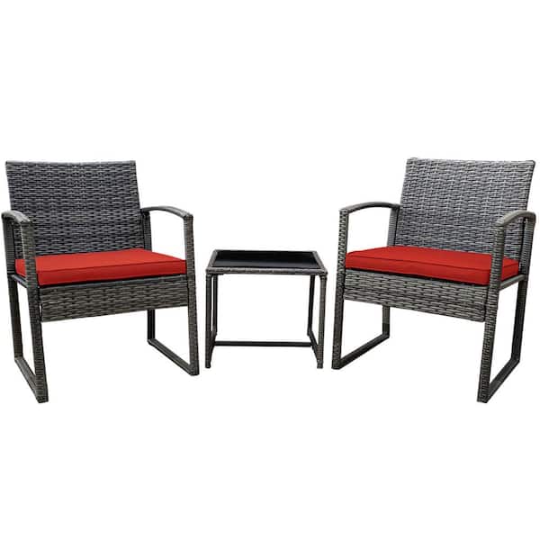 Pyramid Home Decor Vesso 3-Piece Wicker Rattan Outdoor Patio Furniture Modern Bistro Set with Coffee Table with Red Cushion