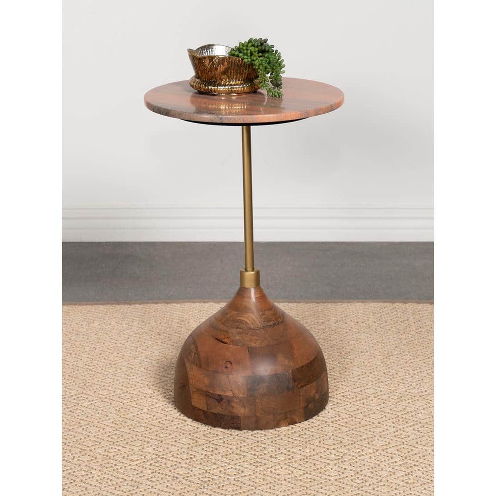 Round Brown Mango Wood and Gold Metal Side Table