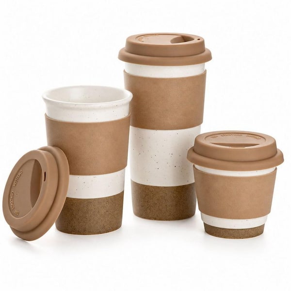 20 oz. White Porcelain to Go Coffee Mugs, Travel Coffee Tumbler with Silicone Sleeve and Lid Microwave Safe (Set of 3)