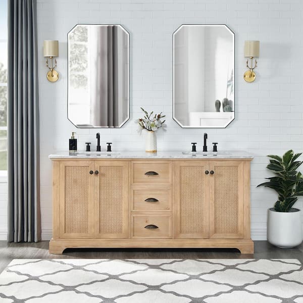 ROSWELL Hervas 72 in.W x 22 in.D x 33.8 in.H Double Sink Bath Vanity in Fir Brown with White Carrara Marble Top