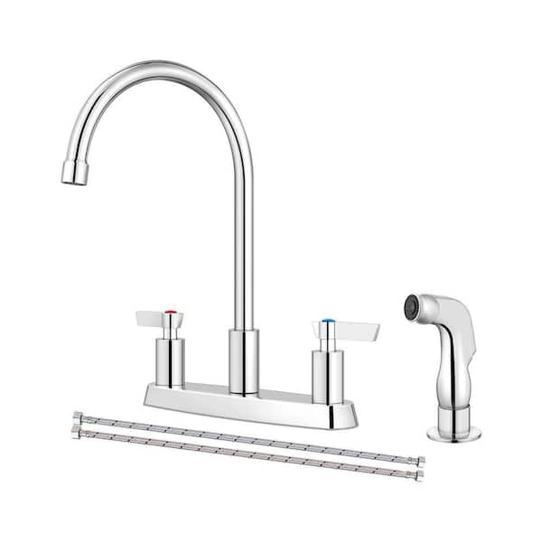 2 Handle Kitchen Vessel Sink Faucet 8 in. Includes Kitchen Faucet, Side Sprayer, Spray Hoses, Supply Lines Polish Chrome