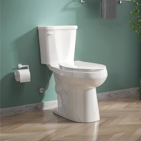 Tall Round Toilet 1.28 GPF Single Flush 19 in in White 2-Piece Toilet with Seat 12 in Rough-in Compact Comfort