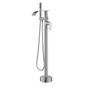 Single-Handle Freestanding Floor Mounted Tub Faucet with High Flow Waterfall Spout and Hand Shower in Brushed Nickel