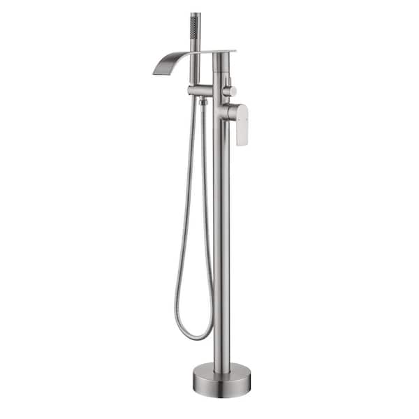 FORCLOVER Single-Handle Freestanding Floor Mounted Tub Faucet with High Flow Waterfall Spout and Hand Shower in Brushed Nickel