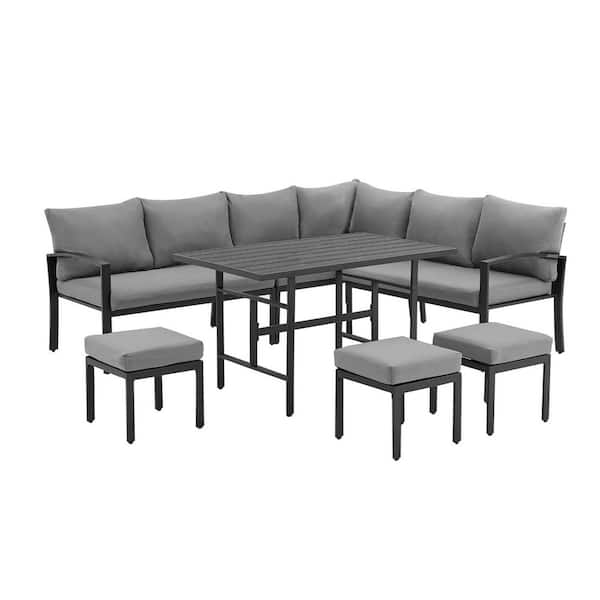 Tenleaf 7-Piece Metal Patio Conversation Set with Gray Cushions