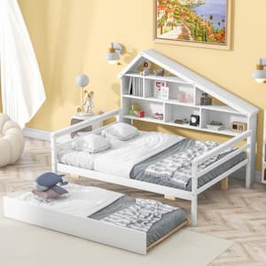White Wood Frame Full Size Platform Bed with Trundle and Five Storage Shelves