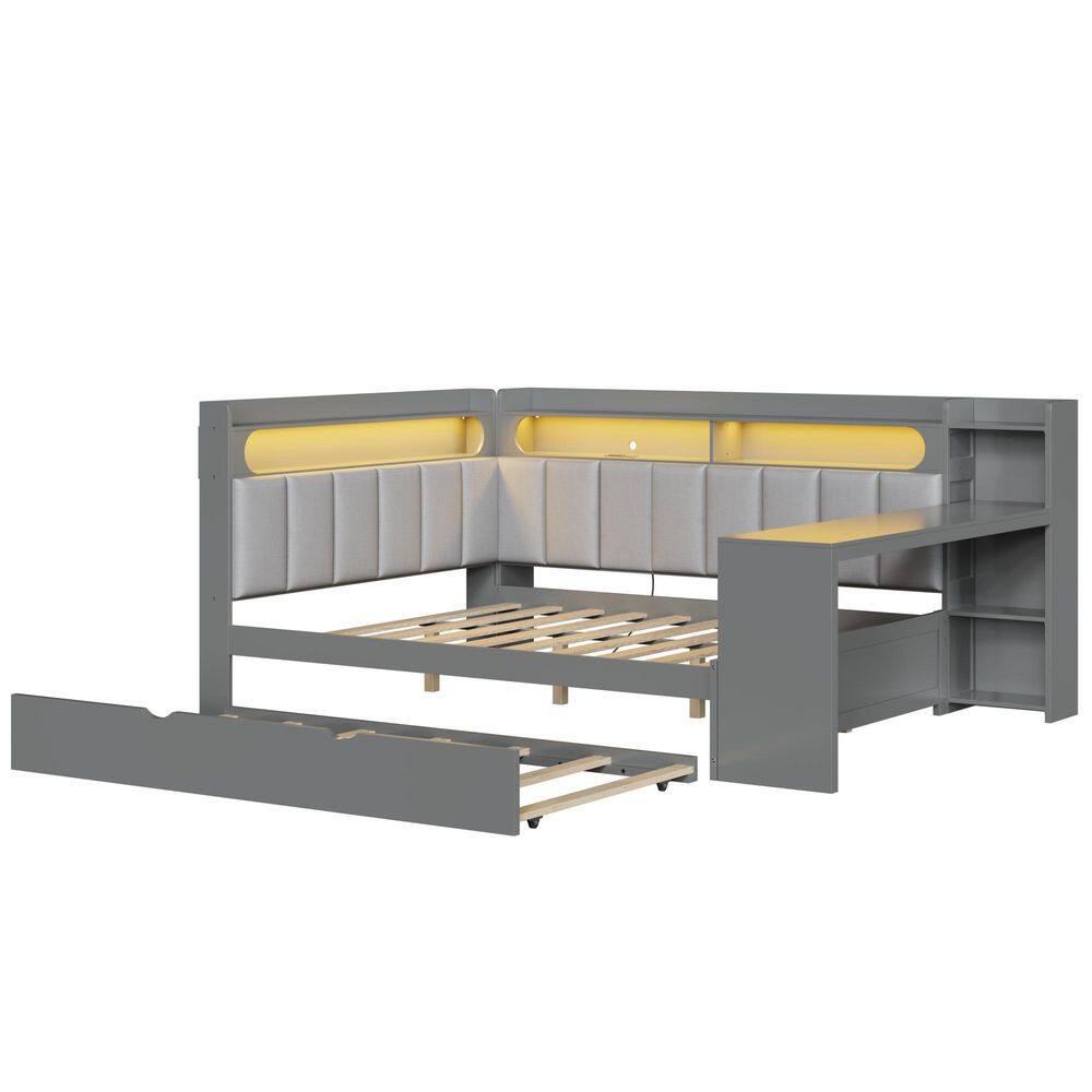 White Full Daybed with Trundle, LED Light and Upholstered Headboard - thumbnail 3