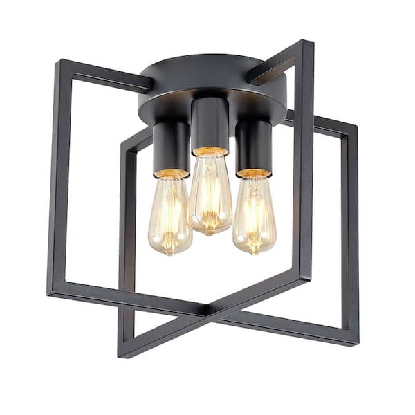 3-Light 15 in. Black Semi Flush Mount Ceiling Light, Modern Geometric Metal Cage Ceiling Fixture for Bedroom Living Room