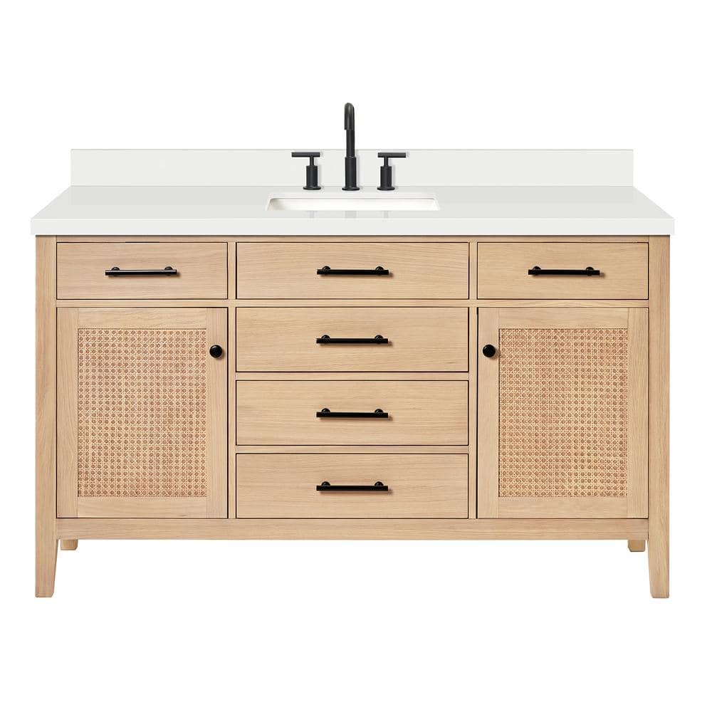 Camila 61" Light Brown White Oak Freestanding Bathroom Vanity with Quartz Top