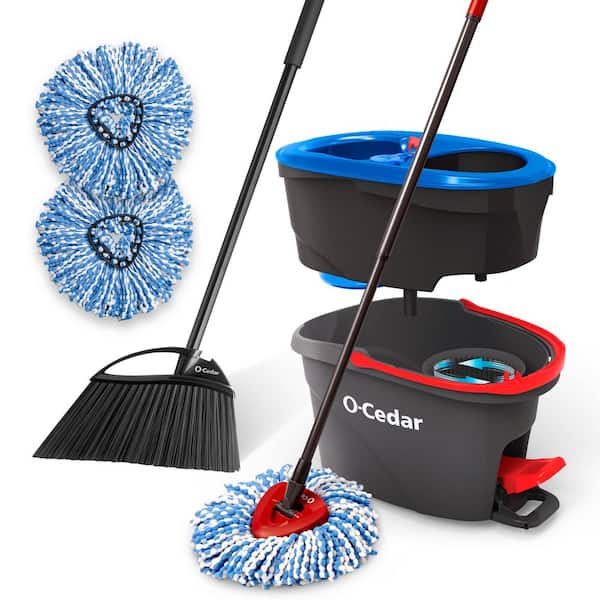 O-Cedar EasyWring RinseClean Spin Mop with 2-Tank Bucket System, 2 Extra  Mop Head Refills, and PowerCorner Outdoor Broom 168534xB2 - The Home Depot