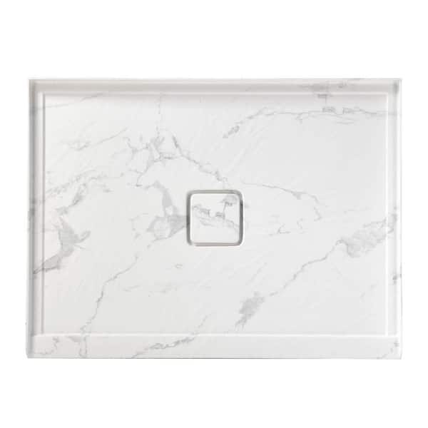 60 in. L x 36 in. W Rectangle White Marble Pattern Alcove Acrylic Bathroom Shower Pan Base with Center Hand Drain