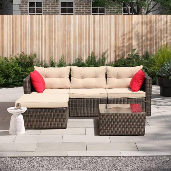 waelph Brown 5-Piece Wicker Patio Conversation Sectional Seating Set