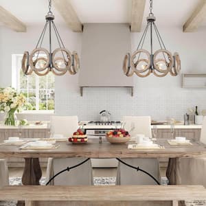 Farmhouse Geometric Drum Weathered Wood Chandelier, 4-Light Gray Circle Kitchen Island Pendant with Sputnik Candlestick