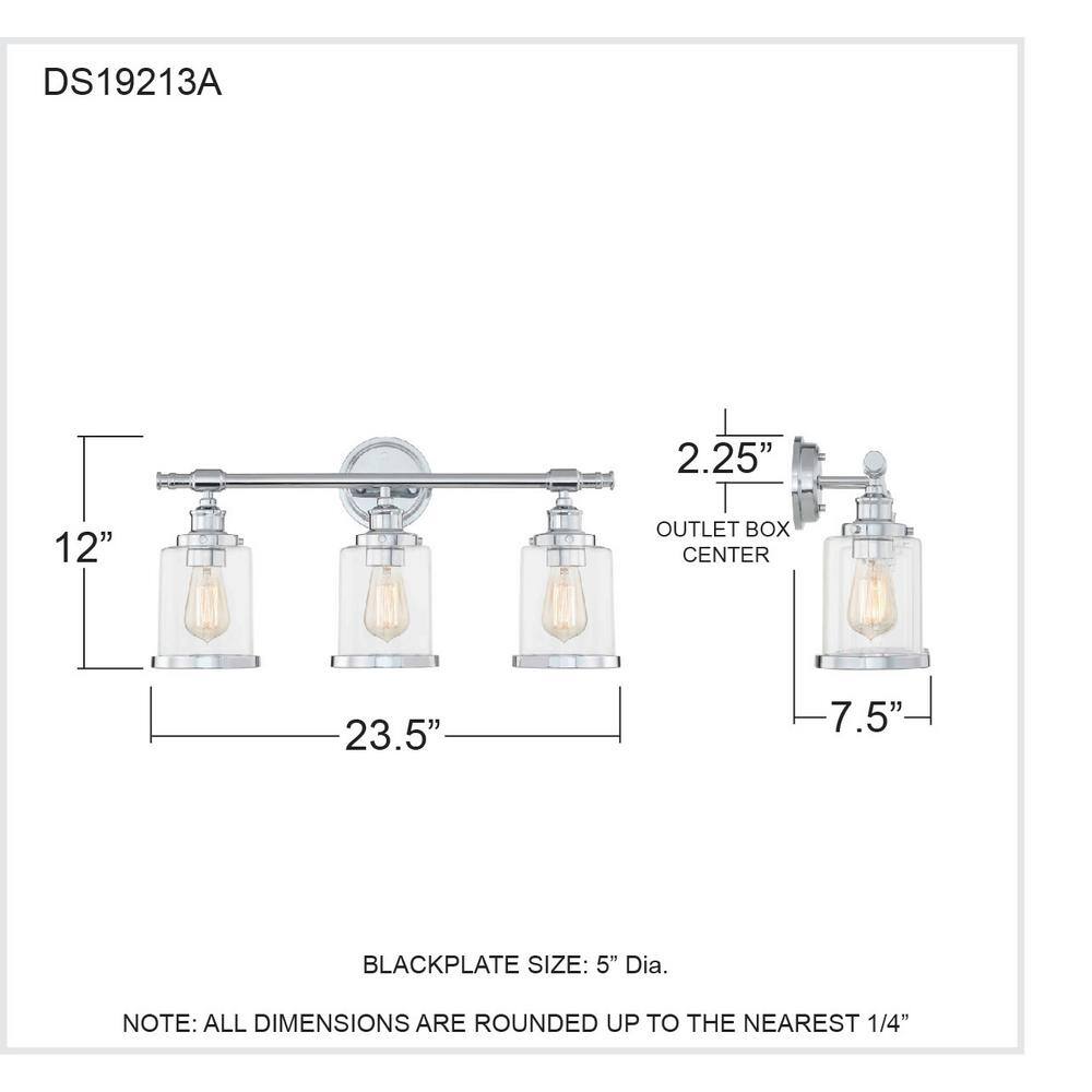 Polished Chrome 3-Light Dimmable Vanity Light with Glass Shades
