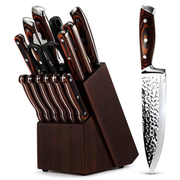 15-Piece Stainless Steel Kitchen Knife Set with Wooden Block and Self Sharpening