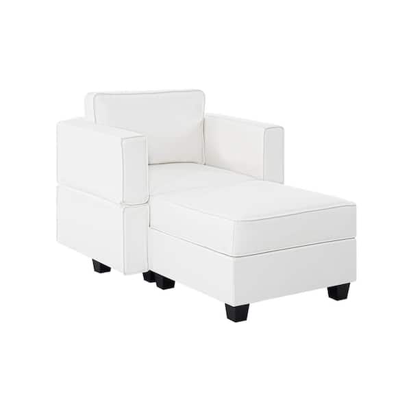 HOMESTOCK 35.43 in. Faux Leather Accent Chair with Ottoman Streamlined Comfort for Your Sectional Sofa in White