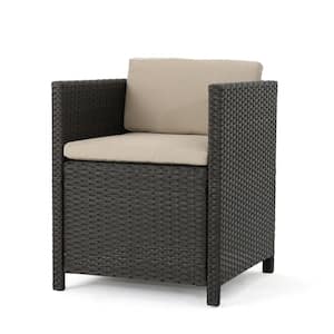 Dark Brown Wicker Outdoor Dining Chair with Beige Cushion