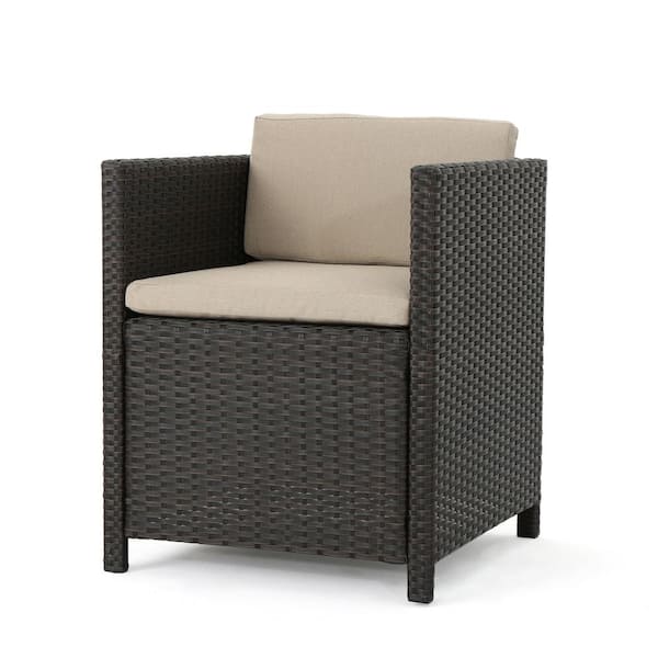 Boosicavelly Dark Brown Wicker Outdoor Dining Chair with Beige Cushion