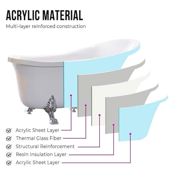 Vanity Art Pantin 69 in. Acrylic Clawfoot Freestanding Bathtub in White